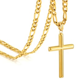 XXMAYSTER Cross Necklace for Men and Women-Stainless Steel Figaro Necklace,18K Gold Plated/Silver Cross Pendant Chain,18-24 IN with Flannel Bag