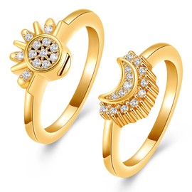 Cremation Jewelry for Ashes Rings - Celestial Sun and Moon Ring Set,Sparkling Sun Ring/Blue Moon Ring/Silver Plating,Friendship Promise Ring,Stackable Celestial Rings,Gift for Women/Girls (6, Gold)