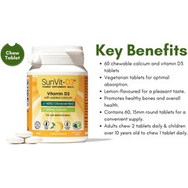 SunVit-D3 Vitamin D3 400IU & 500mg Calcium Lemon Chewable Tablets – Supports Bone, Teeth, Muscle & Immunity – 60 Tablets