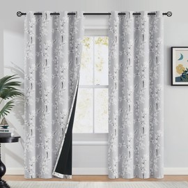 FMFUNCTEX 100% Blackout Floral Curtains for Bedroom, Grey Curtains 90 inches Long Blossom Flower Patterned for Living Room,Thermal Insulated Farmhouse Drapes, Grommet Top 2 Panels (White on Grey)