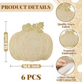 LawnIdyll Fall Pumpkin Placemats Set of 6 Neutral Embroidered Autumn Thanksgiving Round Linen Cloth Place Mats Farmhouse Harvest Table Mats Decor for Thanksgiving Halloween Party Home Kitchen Dining