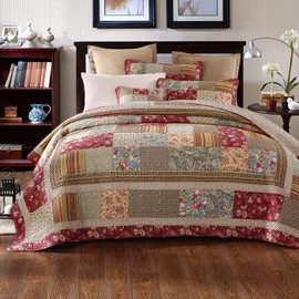 Tache Cotton Patchwork Country Farm Cottage Vintage Antique Ditsy Floral Paisley Burgundy Beige Lightweight Coverlet Fairy Tale Tea Party Quilt Set, Full