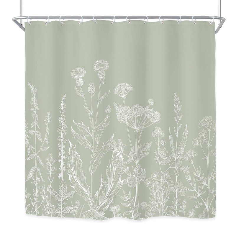 Riyidecor Sage Green Floral Wildflower Shower Curtain for Bathroom Decor