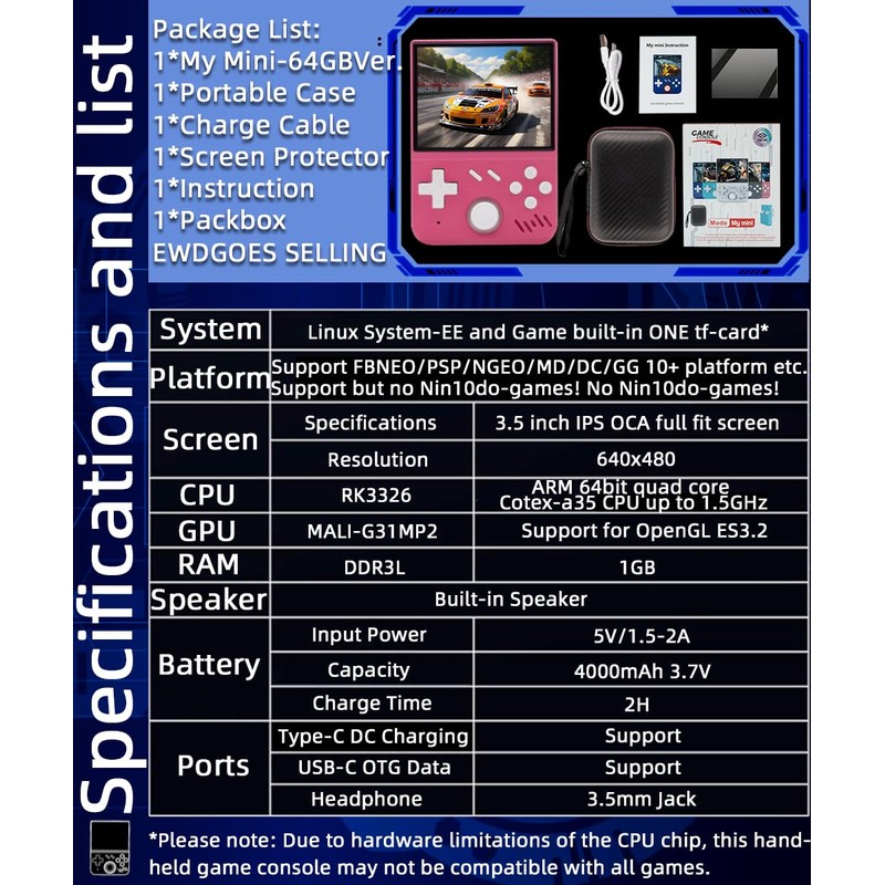 My Mini Handheld Game Console 3.5-in 640*480 IPS OCA Screen