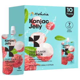 Hethstia Konjac Jelly Lychee Flavor with Collagen Peptides, Low Calorie 10 Pouches Drinkable Litchi Jello, Vitamin C Light Snacks, Sugar Free, Keto, Gluten-Free, Healthy Food Gifts
