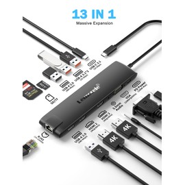 Lemorele 13-in-1 USB-C Docking Station, Triple Display 4K@30Hz(2 HDMI+VGA), 10Gbps USB3.1, Gigabit Ethernet, 100W PD, SD TF Reader, Audio Jack, Plug and Play for MacBook & Windows Laptops