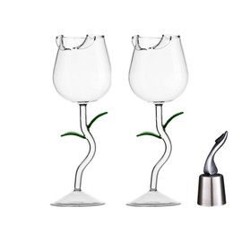 Creative Rose Flower Wine Glasses Crystal Red Wine Glasses, Goblet Wine Cocktail Juice Glass for Party Wedding Festival Bar Celebration,Stainless steel champagne red wine stopper (Transparent)