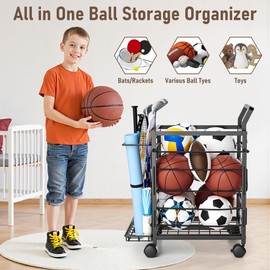 DUDUXI Sports Equipment Organizer Rolling Garage Ball Storage Cart Outdoor Toy Storage Ball Holder Garage Organizer Sport Rack Garage Organization with Side Bracket for Basketball Football Gym