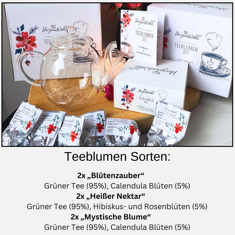 HerzensWahl Tea Flowers Gift Set with Pot | 6 x