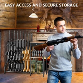 EnigmaSoul Indoor Gun Racks, Rifle Rack and Shotgun Floor Stand with Pistol Holder, Rustic Wood and Solid Metal, Vertical Gun Rack Holds up to 9 Long Guns and 6 Handguns for Home Garage Retail Shop