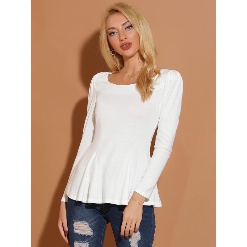 Allegra K Women's Long Sleeves Scoop Neck Casual Peplum Shirt
