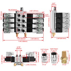 Heschen Electrical Pneumatic 4 Solenoid Valve, 4V230C-08, 24VDC, PT1/4, 5 Way 3 Position, Manifold Base, Muffler, Quick Fittings Set, CE