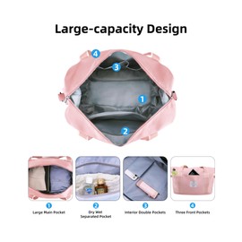 WALNEW Travel Duffel Bag, Weekender Overnight Carry On Bag for Women Men, Foldable Waterproof Gym Luggage Duffle Bag with Metal Buckle Detachable Shoulder Strap and Wet Compartment (Pink)