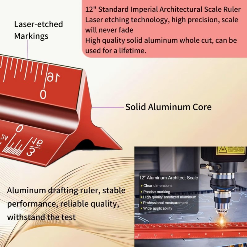 Architectural Scale Ruler, 12'' Imperial Architect Scale, Aluminum Engineer Scale