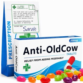 Anti Old Cow Joke Pill Box with Jelly Beans, Prescription Bag & Sticker - Funny Birthday Gifts for Women, Gift for Her, Mum, Sister, Friend, 40th 50th 60th 70th Birthday Gift