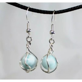 Unbranded Beautiful Larimar 925 Sterling Silver Dangle Round Bead in Cage Earrings 1.4inch