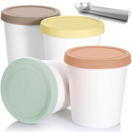 Nuenen 5 Pack Ice Cream Containers 1Qt Freezer Storage Tubs with Silicone Lids and Spoon for Homemade Ice Cream Reusable, Sorbet Dishwasher Safe (Morandi Colors)