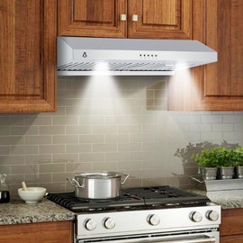 30 Inch Under Cabinet Range Hood, 400 CFM Kitchen Exhaust Hood with 3 Speed, Led Lights, Button Control, Stainless Steel Ducted Stove Vent Hood with Steel Baffle Filter, Silver
