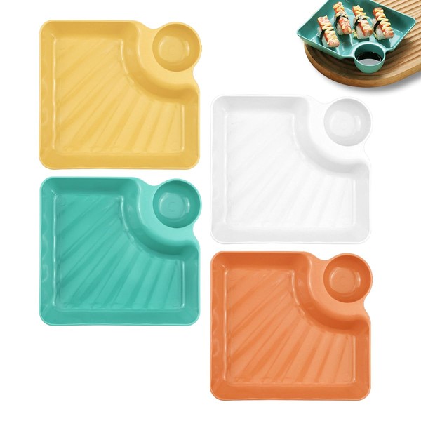 LNQ LUNIQI 4Pcs Plastic Plates with Sauce Compartment Square Serving