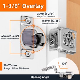 DecoBasics 10 Pack 1-3/8" Overlay Soft Close Cabinet Hinges for Kitchen Cabinets -Satin Nickel Self Closing Kitchen Cabinet Hinges Concealed with Built-in Soft Close Hinges Damper -3 Way Adjustability