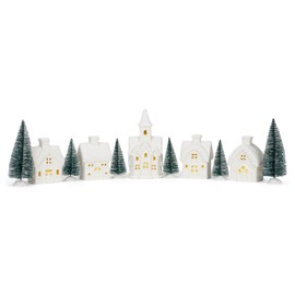 Mark Feldstein & Associates Winter Village with Barn White Unglazed Porcelain Holiday Pre Lit LED Figurines, Set of 11, 5 Inch