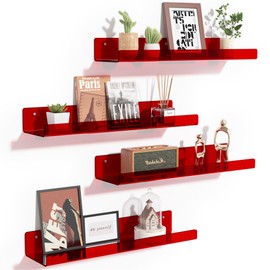 upsimples 4 Pack Acrylic Shelves for Wall Storage, 15" Floating Bookshelves for Kids, Display Shelf Organizer for Bathroom, Bedroom, Living Room Decor, Kitchen, Clear Red