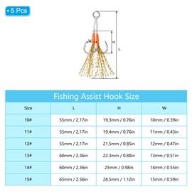 PATIKIL Double Fishing Assist Hooks Kit, 5 Pcs Glow Jigging Hook Slow Fast Fall Jigs Fishing Hooks for Vertical Jigging Lures, Gold Tone (10#, 55mmx10mm)