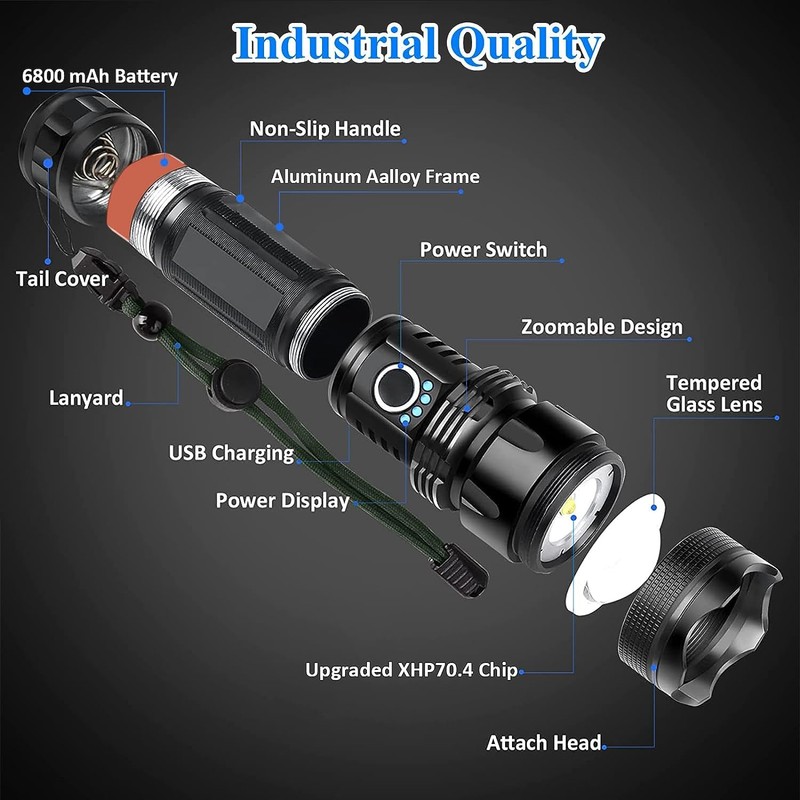 Roklite Rechargeable Handheld Flashlight - Super Bright - Zoomable -