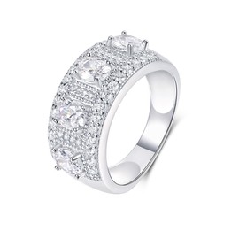 VOLUKA 925 Sterling Silver Cubic Zirconia Wide Band Rings for Women Men 18K White Gold Plated Eternity Band Rings Promise Wedding Rings Gift for Her Size 8