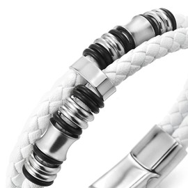 COOLSTEELANDBEYOND Mens Double-Row White Braided Leather Bracelet Bangle Wristband with Silver Color Steel Ornaments