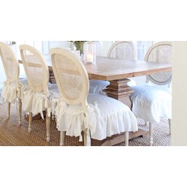 Luxury Chair Cover, Fits Seat Size 20" x 18", Ruffled Linen, Dining Chair Covers, Slipcover, Farmhouse Decor, Heavy Drape Linen, (White)