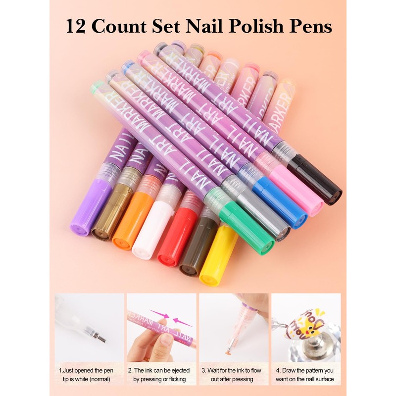 EBANKU 12 Colors 3D Nail Art Pens, Fine Tips 0.5