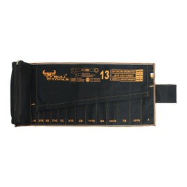 BULL TOOLS SAE Ratcheting Wrench Roll Organiser, 13+1 SAE Roll, with Zip Pouch, Made from Durable Recycled Cotton Canvas for Mechanics, DIYers, and Home Use - Black - (Tools are not Included)