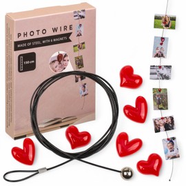 MIJOMA Photo Wire with Magnets - Stylish Steel Photo Hanger - Flexible Photo Rope for Pictures, Postcards & Notes - Easy Wall Mounting No Drilling (150cm with 6 Heart Magnets)
