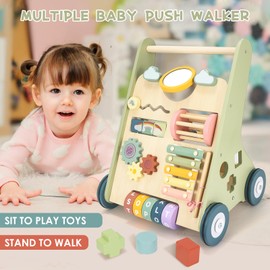 Baby Push Walker, Wooden Baby Walker with Wheels, Montessori Push Walker for Babies 6-12 Months, Push Walking Toys for Boys&Girls 1 Year Old, Christmas Birthday Gifts for Toddler