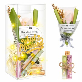 Hochzeitsgeschenke für Brautpaar, LED Mini-Blumenstrauß-Geschenkbox, Hochzeitsgeschenk Geld mit Trockenblumen und LED-Leuchten, Geldgeschenke Hochzeit Verpackung, Just Married (Rosa-1)