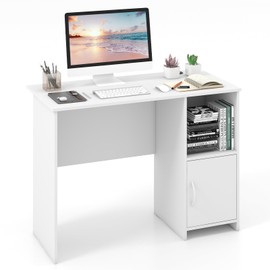 COSTWAY 42” White Home Office Desk, Modern Computer Workstation with Open Compartment & Cabinet, Compact Writing Desk with Cable Holes for Bedroom, Study Room, Dorm
