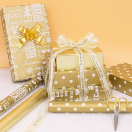 Toptime Christmas Wrapping Paper, 3 Mini Rolls White Gold Gift Wrapping Paper 17In x 120In, Metallic Solid Gold Wrapping Paper with Polka Dots Merry Christmas Design for New Year Holiday Birthday