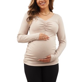 GINKANA Women Long Sleeve Maternity Shirts V Neck Ruched Sides Ribbed Knit Pregnancy Tee Tunics Tops,Apricot,XL