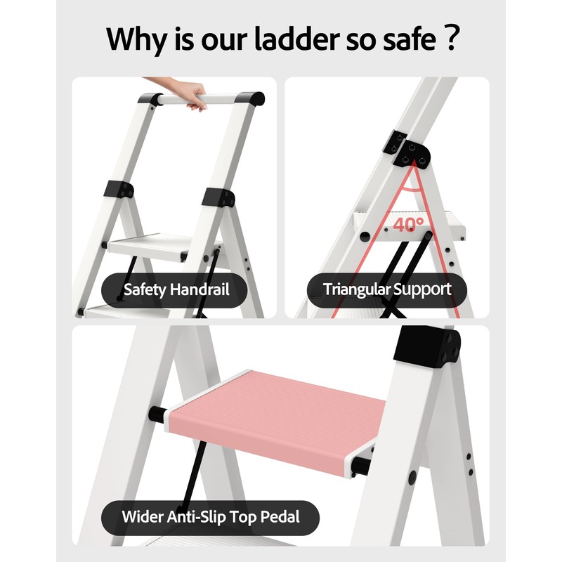Taranta 3 Step Ladder, Lightweight Aluminum Step Stool with Convenient