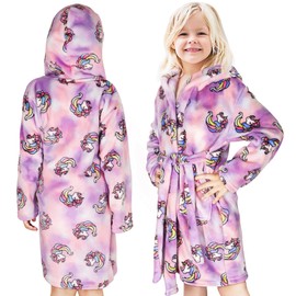 Baogaier Bathrobe Hood Children's Dressing Gown Flannel Sleepwear Robe Terry Cloth Long Sleeves Soft Sleepsuit Bathrobe Pyjamas Waist Belt Cute Animal Pattern for Girls Boys Age 1-7 Years, Purple