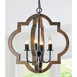 Rviezza 19.49'' Farmhouse Wood Chandelier, 4-Light Rustic Dining Room Light Fixture, Orb Chandelier Light Adjustable Height, Pendant Lighting for Kitchen Island Foyer Living Room Over Dining Table