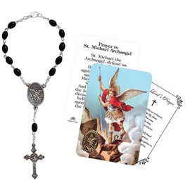 St Michael Car Rosary - St Michael The Archangel Prayer Card, The Lord's Prayer Card - Saint Michael Car Rosary with Black Bead, Clasp - St Michael Rearview Mirror Rosary, Catholic Card Set of 3 Items