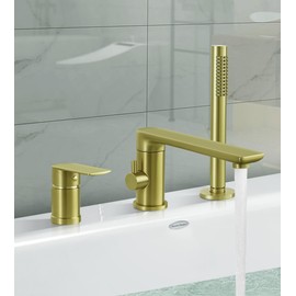 Modern Roman Tub Faucet with 360° Rotated Spout, Deck Mount Bathtub Faucet with Hand Shower, Widespread 3 Holes Bath Tub Filler Faucet Rough In Valve Included