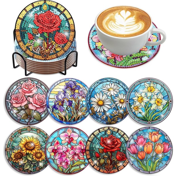 Diamond Art Coasters-8 PCS Flowers Diamond Painting Coasters Kits with