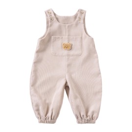 AHUGHAUE Toddler Baby Fall Winter Outfit Girl Boy Bear Embroidery Overall Pants Suspender Corduroy Jumpsuit with Pocket (Khaki, 0-3 Months)