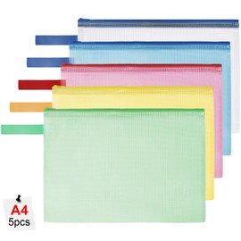 OFFCUP Document Bag A4, Pack of 5 Waterproof Zip Pockets, Mesh Plastic File Bag with Zip, Document Folder for School, Home, Office, Travel, Cosmetics, 5 Colours