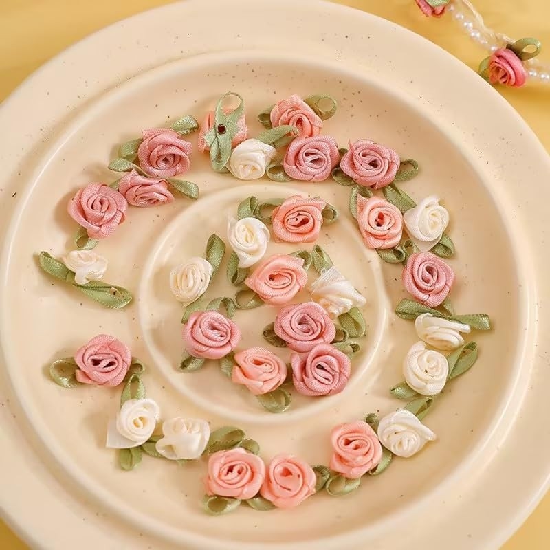100 Pcs 15mm Multicoloured Mini Rose Flowers Satin Ribbon Bows