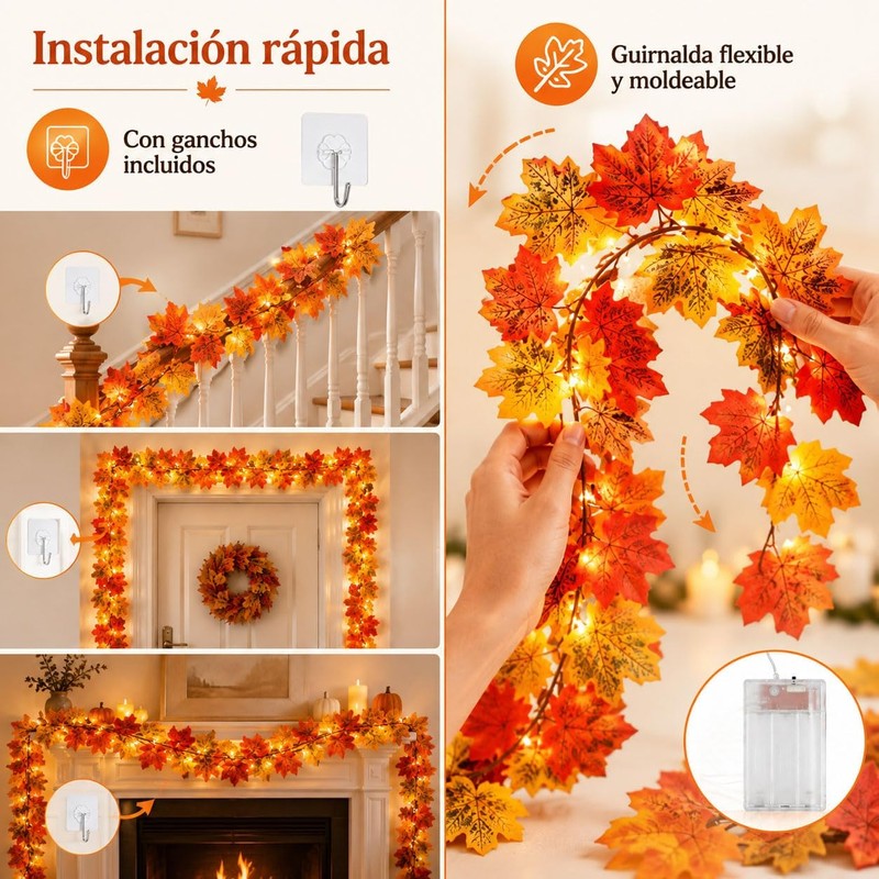 Guirnalda de Otoño con Luces Cálidas, 1.75 m, Hojas de