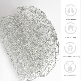 CY SISTERS Woven Placemats Set Of 12 Dining Table Decoration Centerpiece Festival Hollow Out Table Decor Charger Plates Holiday Metallic Mats Silver Vinyl Round Placemats For Wedding Reception,13.78''